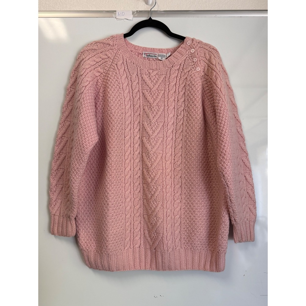 Talbots Vintage Pink Handmade 100% Wool Cable Knit Sweater Button Shoulder Large